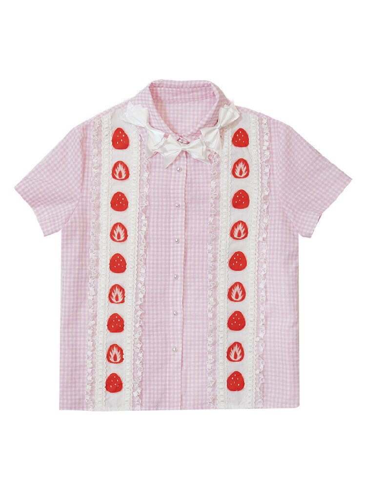 Plaid Lace Bow Short Sleeve Shirt【s0000018541】