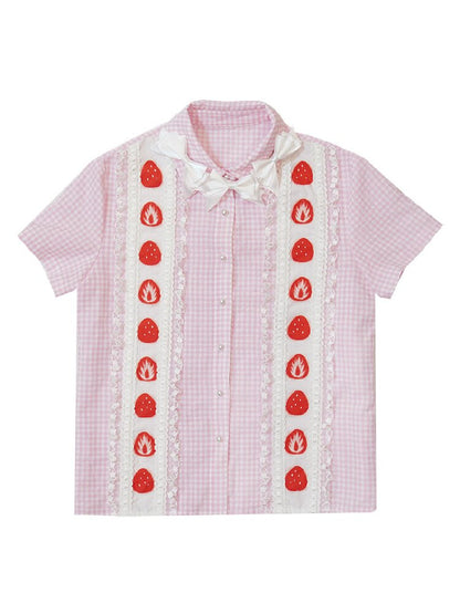 Plaid Lace Bow Short Sleeve Shirt【s0000018541】
