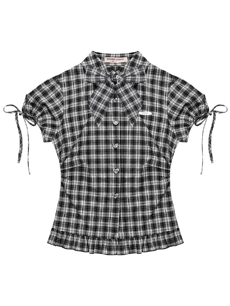 Doll Collar Bow Plaid Short Sleeve Shirt【s0000012264】