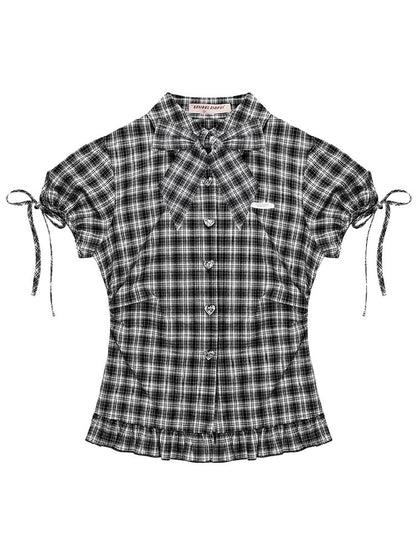 Doll Collar Bow Plaid Short Sleeve Shirt【s0000012264】