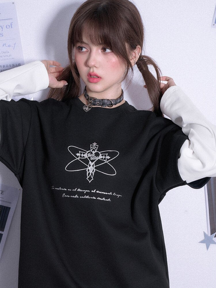 Black White Print Fake Two Shirt【s0000015472】