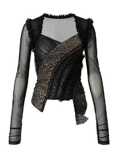 Sequin Webbing Mesh Long Sleeve Top【s0000016984】