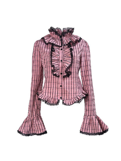 Pink Black Check Bow Flared Shirt【s0000016221】