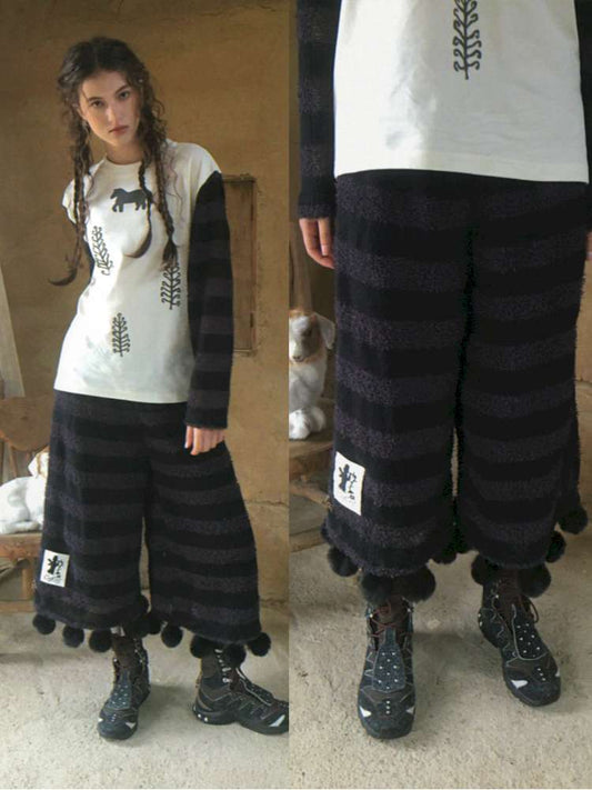 Striped Knit Furball Midi Slacks【s0000014900】