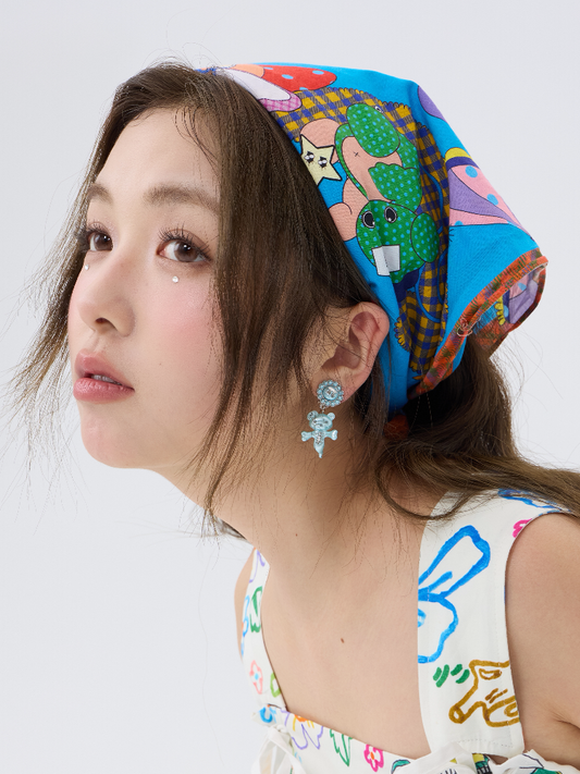 Blue Cartoon Printed Cotton Scarf【s0000016191】