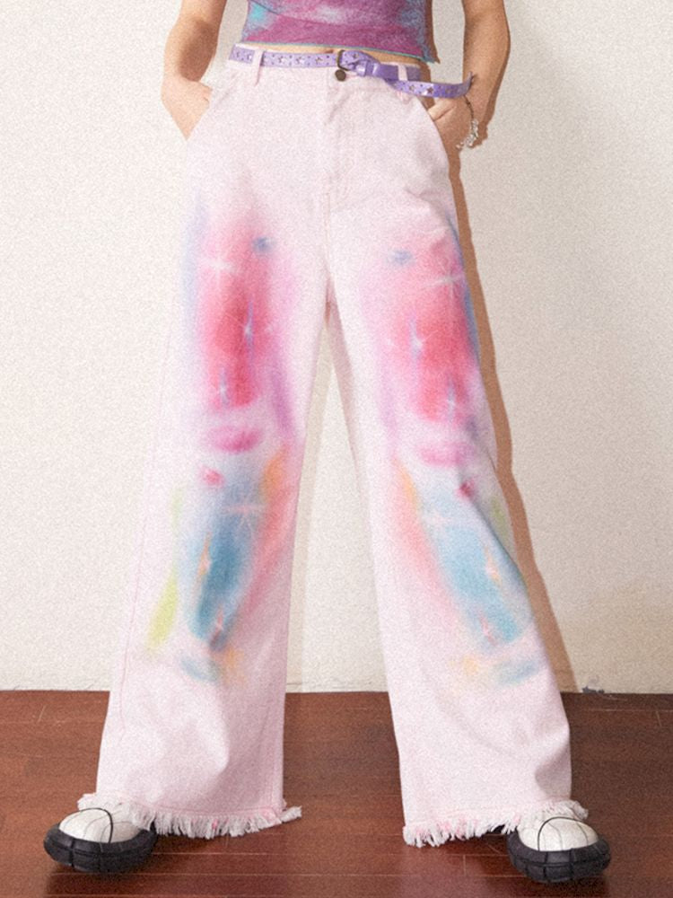 Straight Printed Raw Hem Jeans【s0000008823】