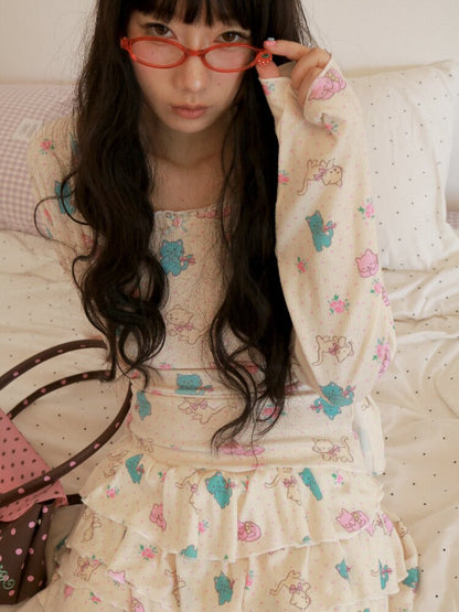 Cat Rose Print Cardigan Camisole Set【s0000017509】