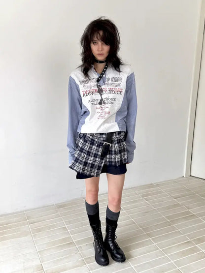 Patchwork Blue Striped Sleeve Shirt【s0000014199】