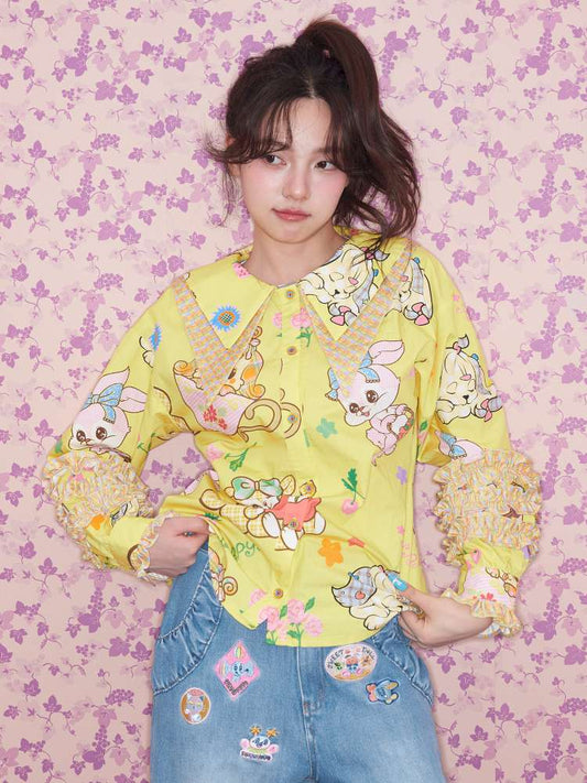 Yellow Ruffled Critter Print Shirt【s0000015032】
