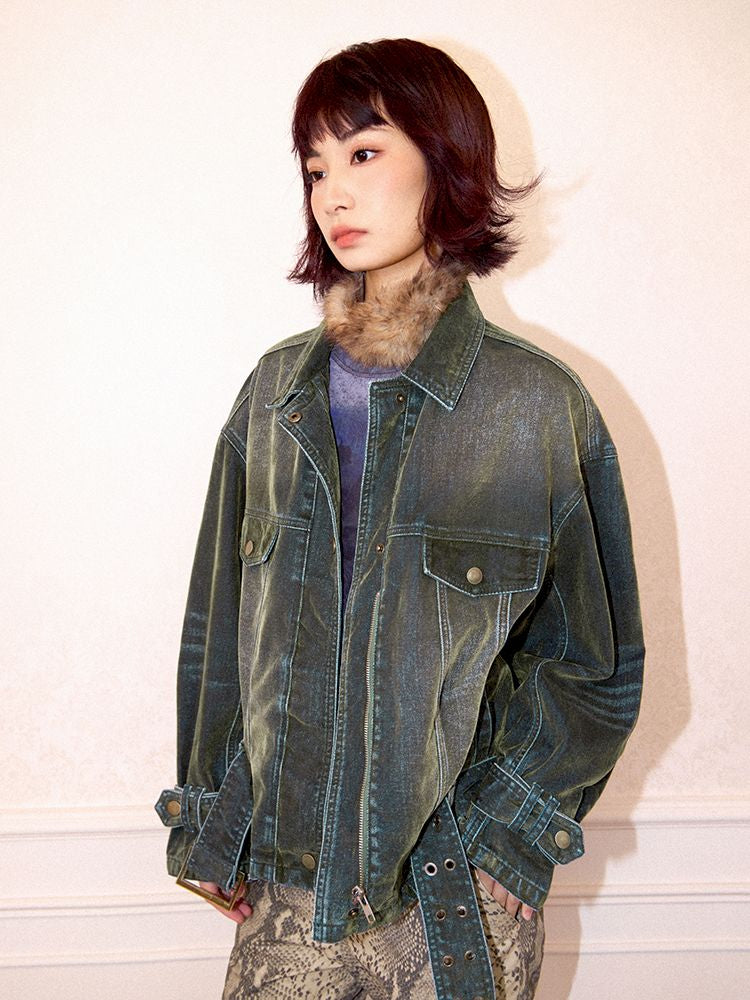 Loose Green Flocked Denim Jacket【s0000011638】