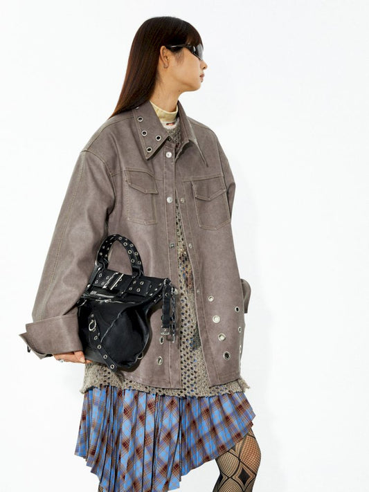 Drop Shoulder Shirt Leather Coat Jacket【s0000006266】