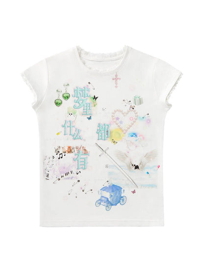 Printed Dream Lace Short T-shirt【s0000016486】