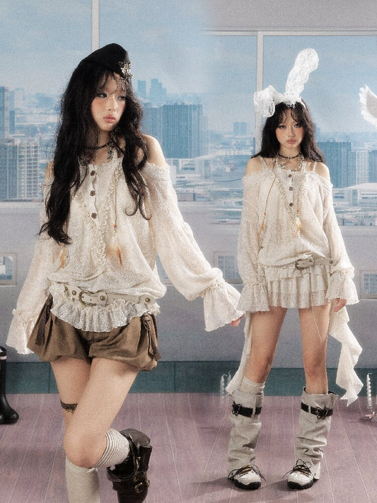 Lace See-Through One-Shoulder Top【s0000016274】