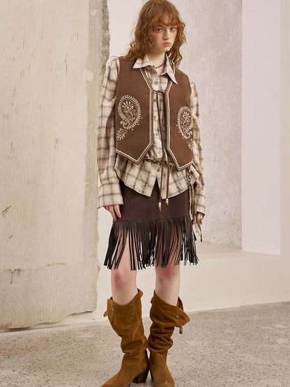 Embroidery Fringe Short Leather Skirt【s0000014045】