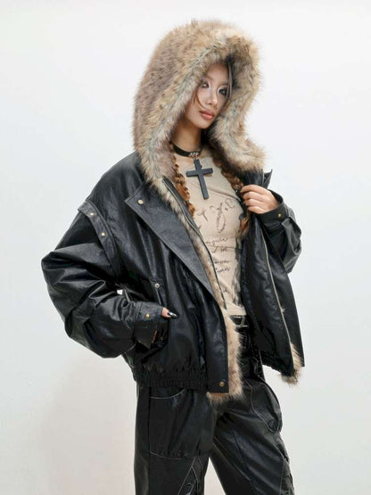 Fur Patchwork Flight Leather Jacket【s0000014838】