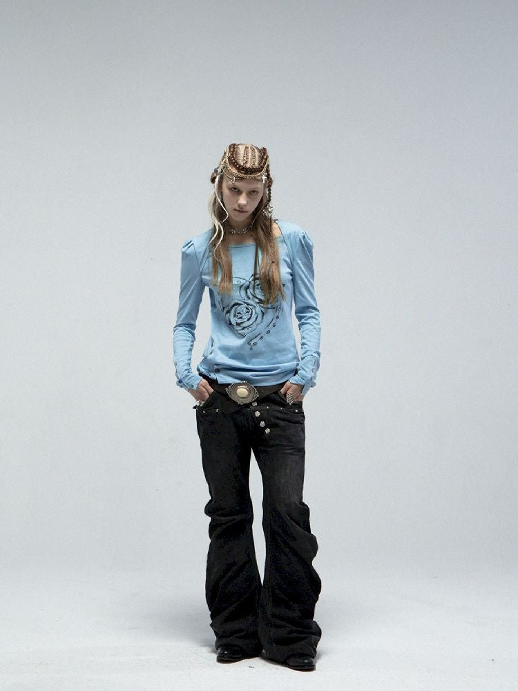 Bubble Sleeve Square Neck Printed Long Sleeve Tee【s0000011840】