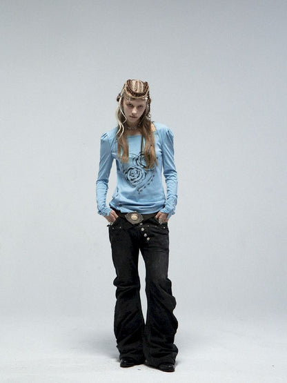 Bubble Sleeve Square Neck Printed Long Sleeve Tee【s0000011840】