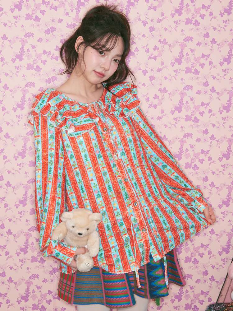 Red Green Stripe Lace Collar Shirt【s0000015368】