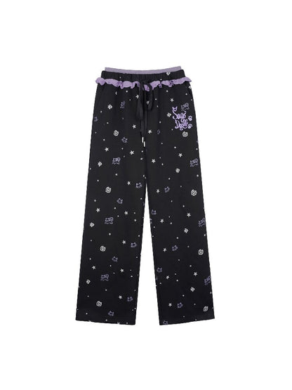 Black Purple Lace Print Trousers【s0000016649】