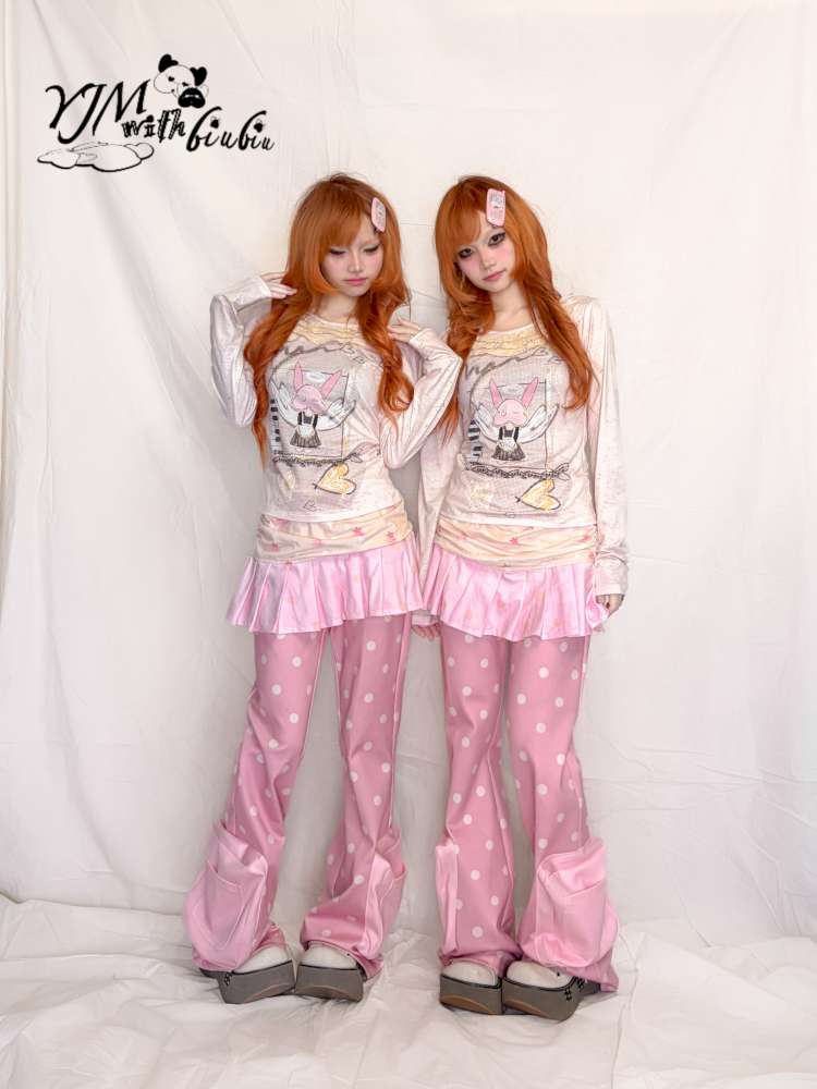 Pink Polka Dot Flared Sweatpants【s0000015401】