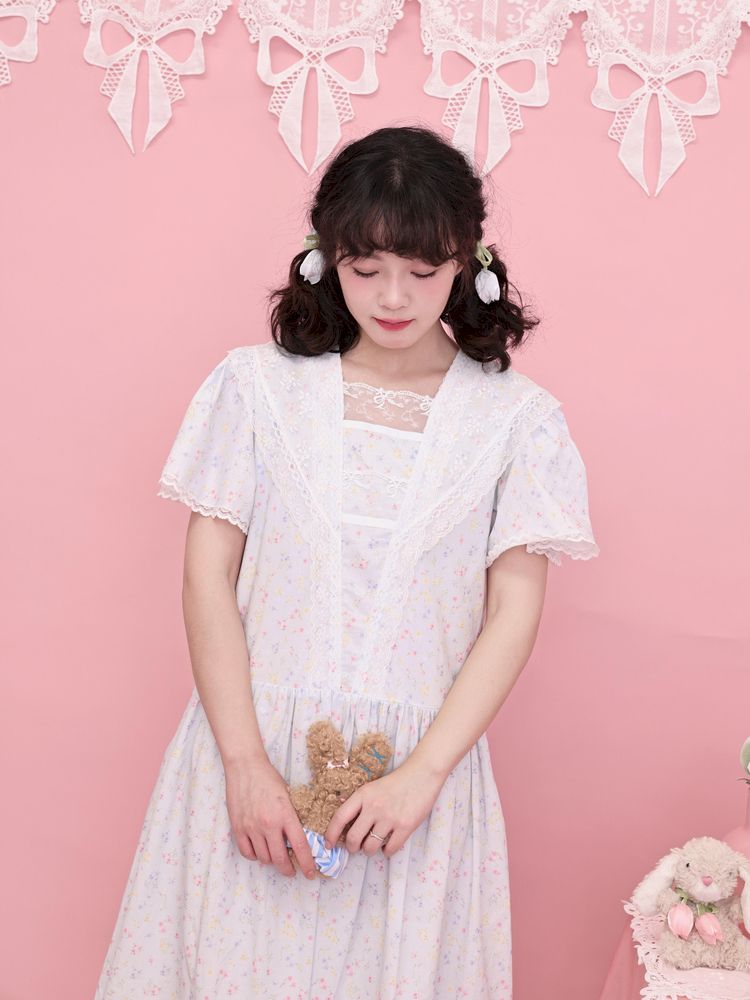 Lace Navy Neck Blue Dress【s0000013495】