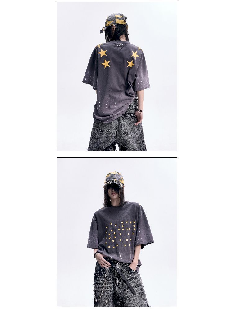 Ink Splatter Print Gradient Washed T-Shirt【s0000012094】