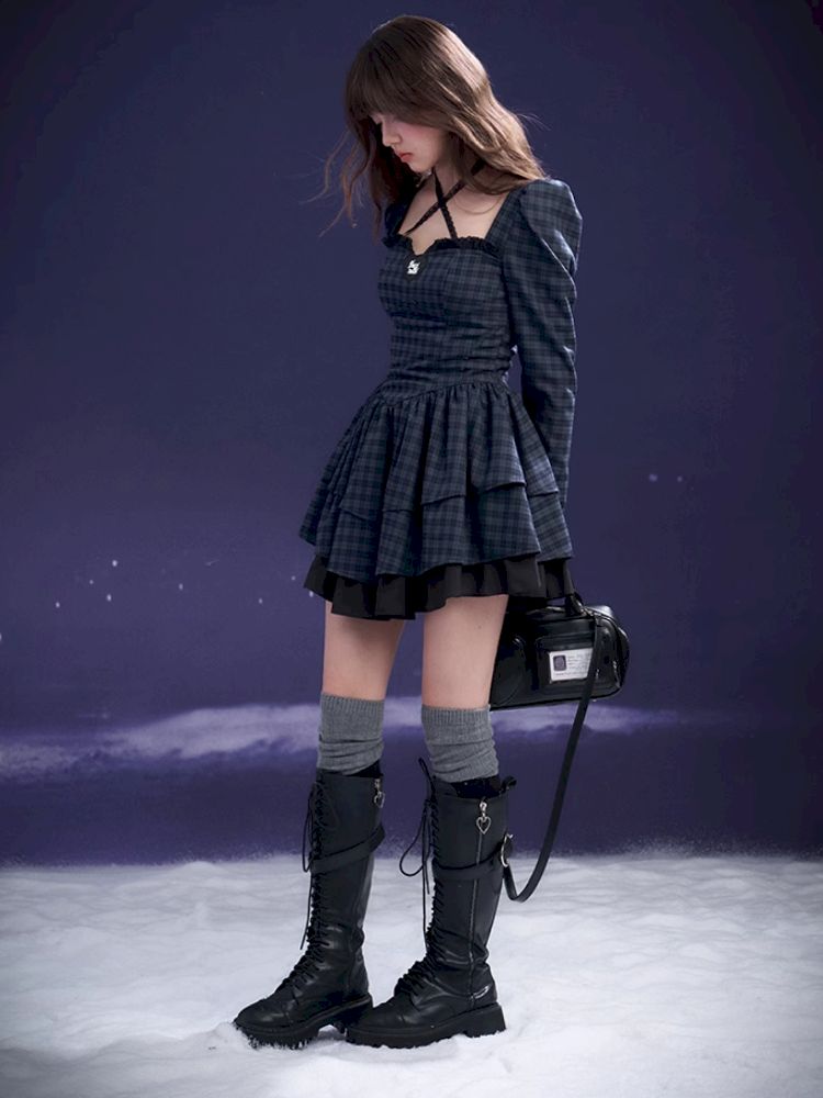 Check Neck Cake Dress【s0000011659】