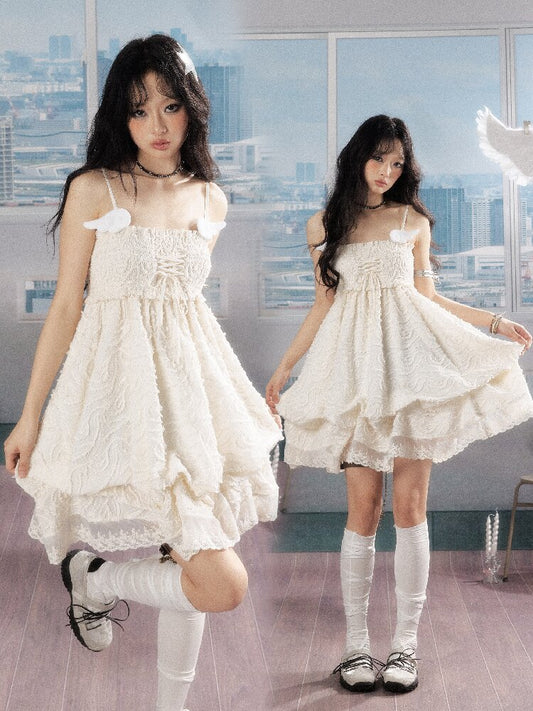 Shirred Lace White Texture Dress【s0000016278】