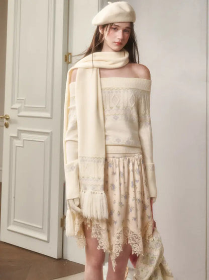 Fresh and Soft Cotton Sweater, Scarf, Floral Skirt【s0000014323】