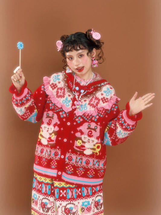 Red Fair Island Mink Knit Cardigan【s0000015591】