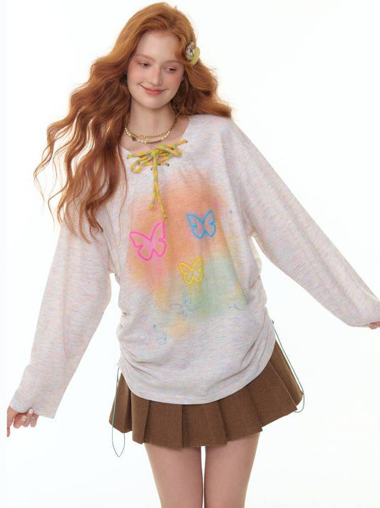Butterfly Print V-Neck Strap Long Sleeve T-Shirt【s0000014360】