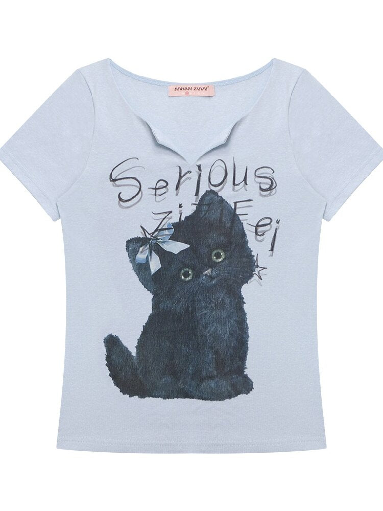 Vneck Cat Print Short Sleeve T Shirt【s0000017158】