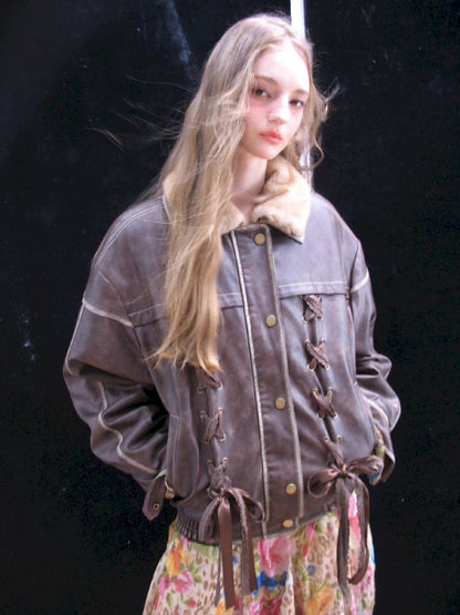 Lace Tie Brown Washed Scrub Color Fur Coat【s0000005321】