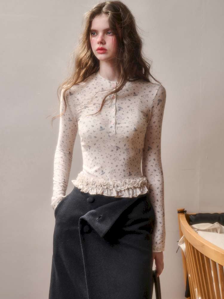 Comfortable Cotton Crew Neck Slim Lace Hem Top【s0000014895】