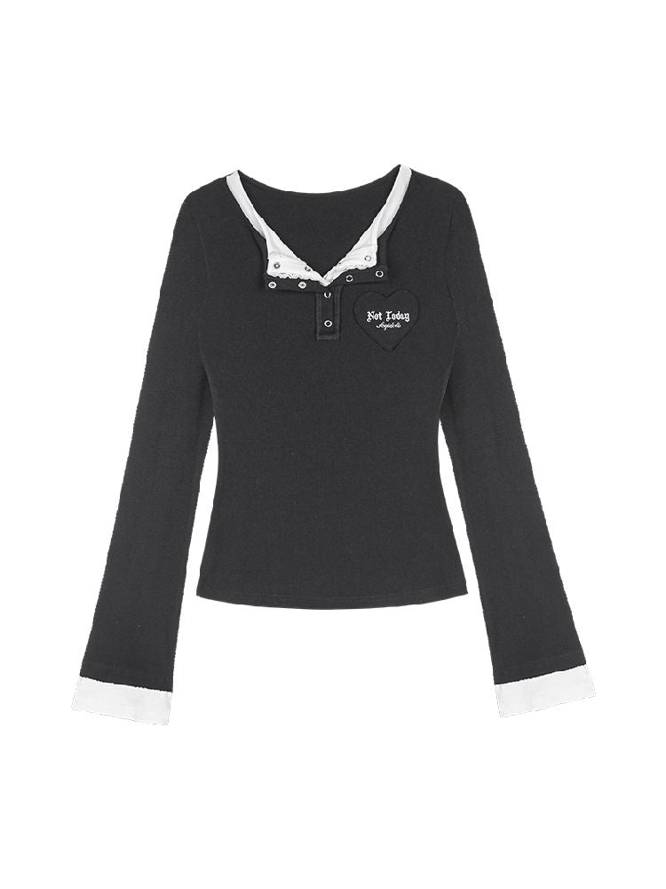 Fake Two Piece V-Neck Long Sleeve T-Shirt【s0000011668】