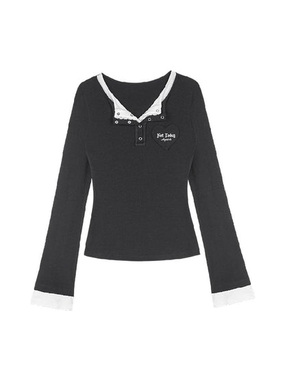 Fake Two Piece V-Neck Long Sleeve T-Shirt【s0000011668】