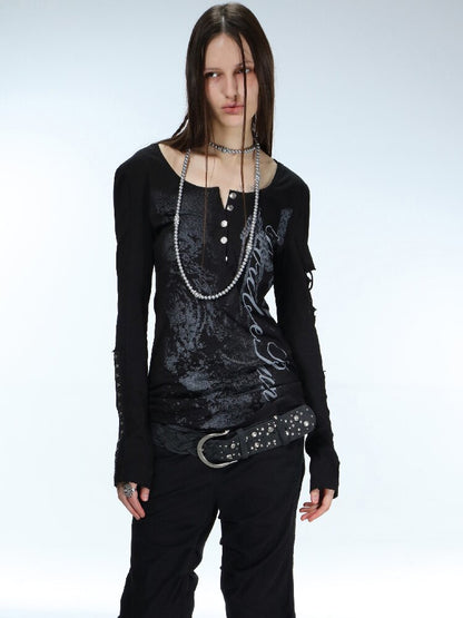 Long Sleeved Ripped Punk Print Tee【s0000015912】