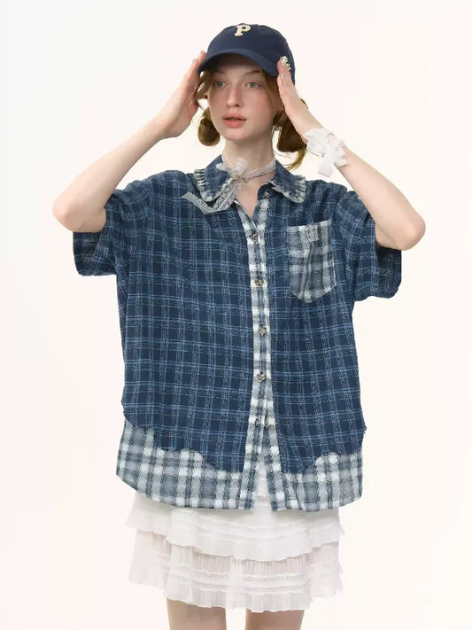Plaid Patchwork Short Sleeve Shirt【s0000012230】