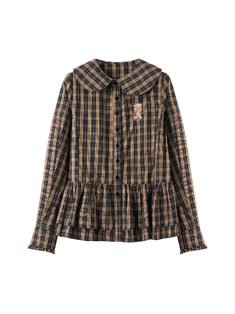 Plaid Embroidered Ruffled Shirt【s0000018726】