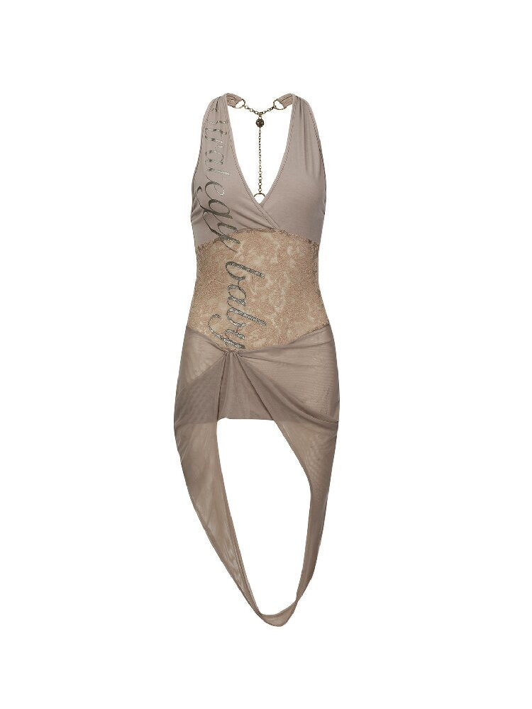Mesh Silver Foil Printed Halter Top【s0000018485】