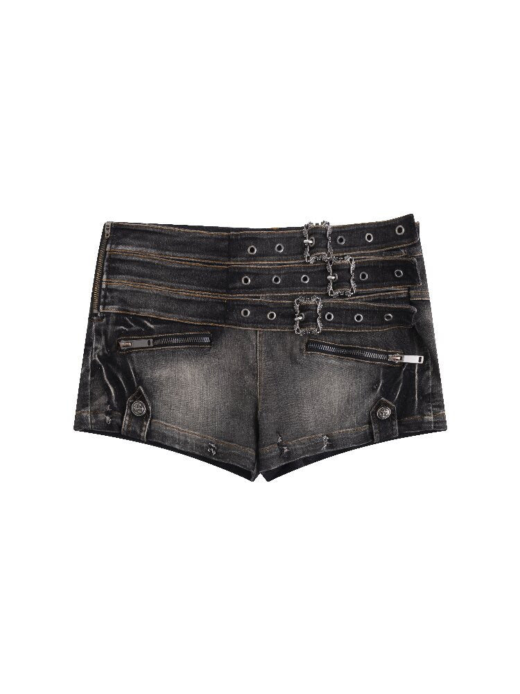 Distressed Metal Buckle Denim Shorts【s0000016285】