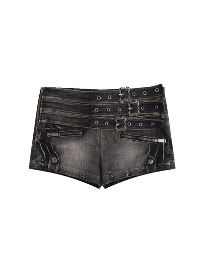 Distressed Metal Buckle Denim Shorts【s0000016285】
