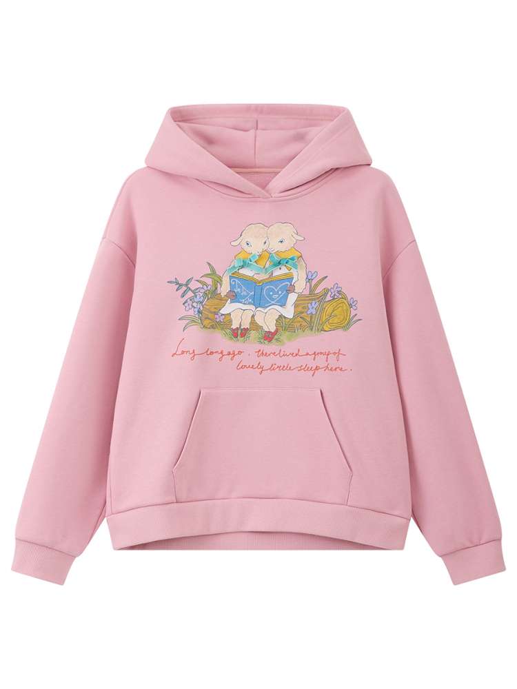 Pink Lamb Illustration Print Hooded Sweatshirt【s0000014820】