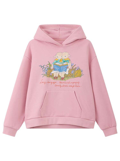 Pink Lamb Illustration Print Hooded Sweatshirt【s0000014820】