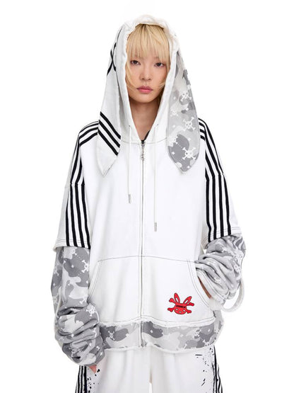 Skull Print Puff Sleeve Rabbit Ear Hoodie Jacket【s0000014419】