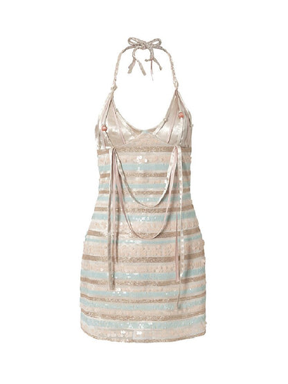 Baroque Sequin Satin Halter Dress【s0000017239】