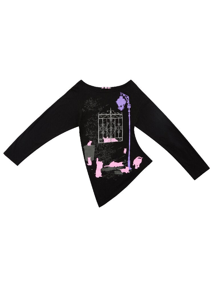 Dark Night Cat Slanted Long Top【s0000016935】