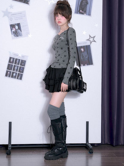 V-neck Long Sleeve Slim Printed Gray T-shirt【s0000011663】