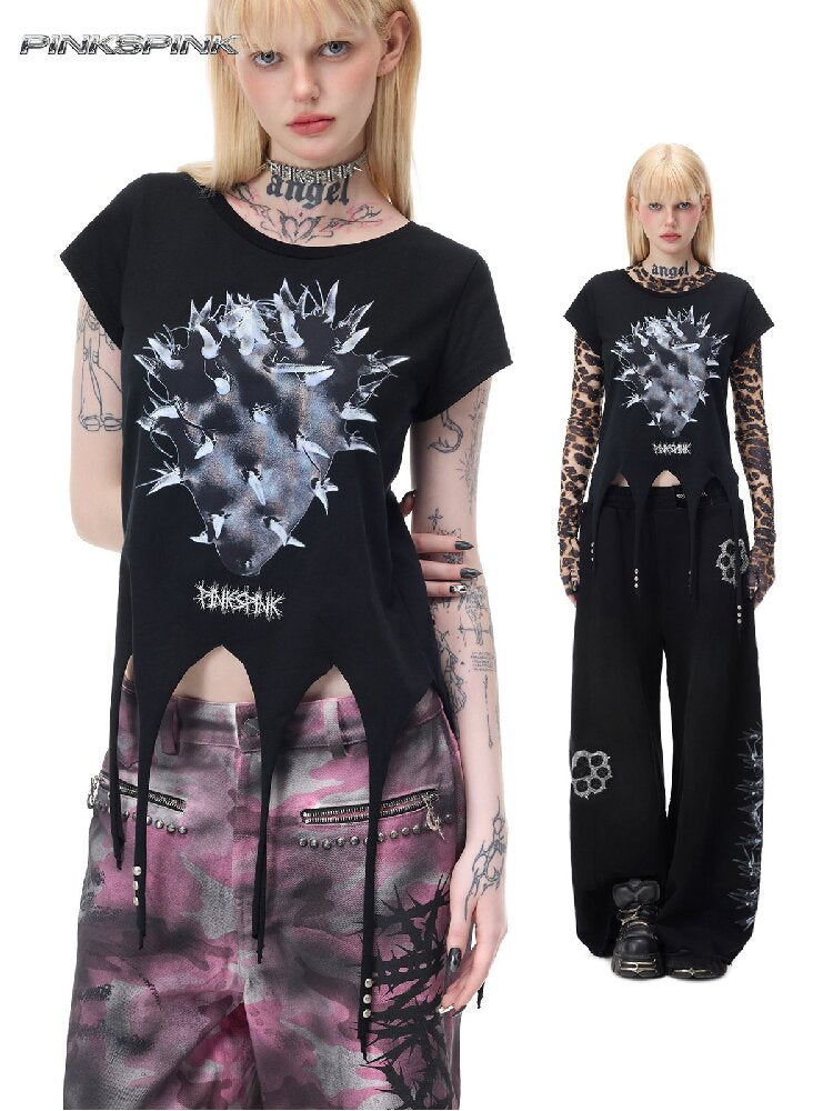 Cactus Print Riveted Irregular Top【s0000017731】