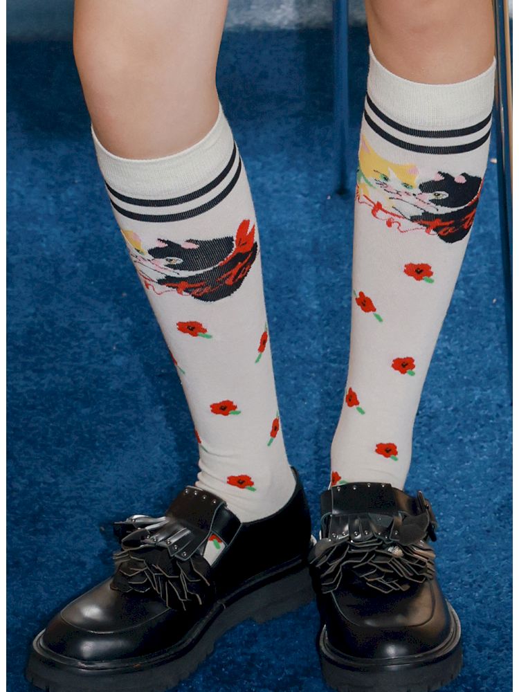 White kitten floral calf socks【s0000013343】